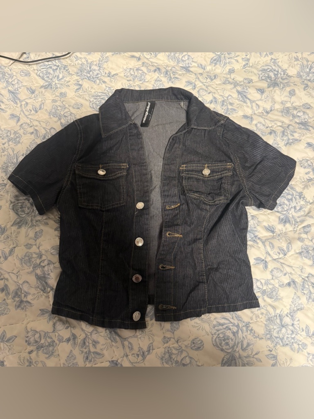 misguided Dark Denim Short-Sleeve Button Front Jacket